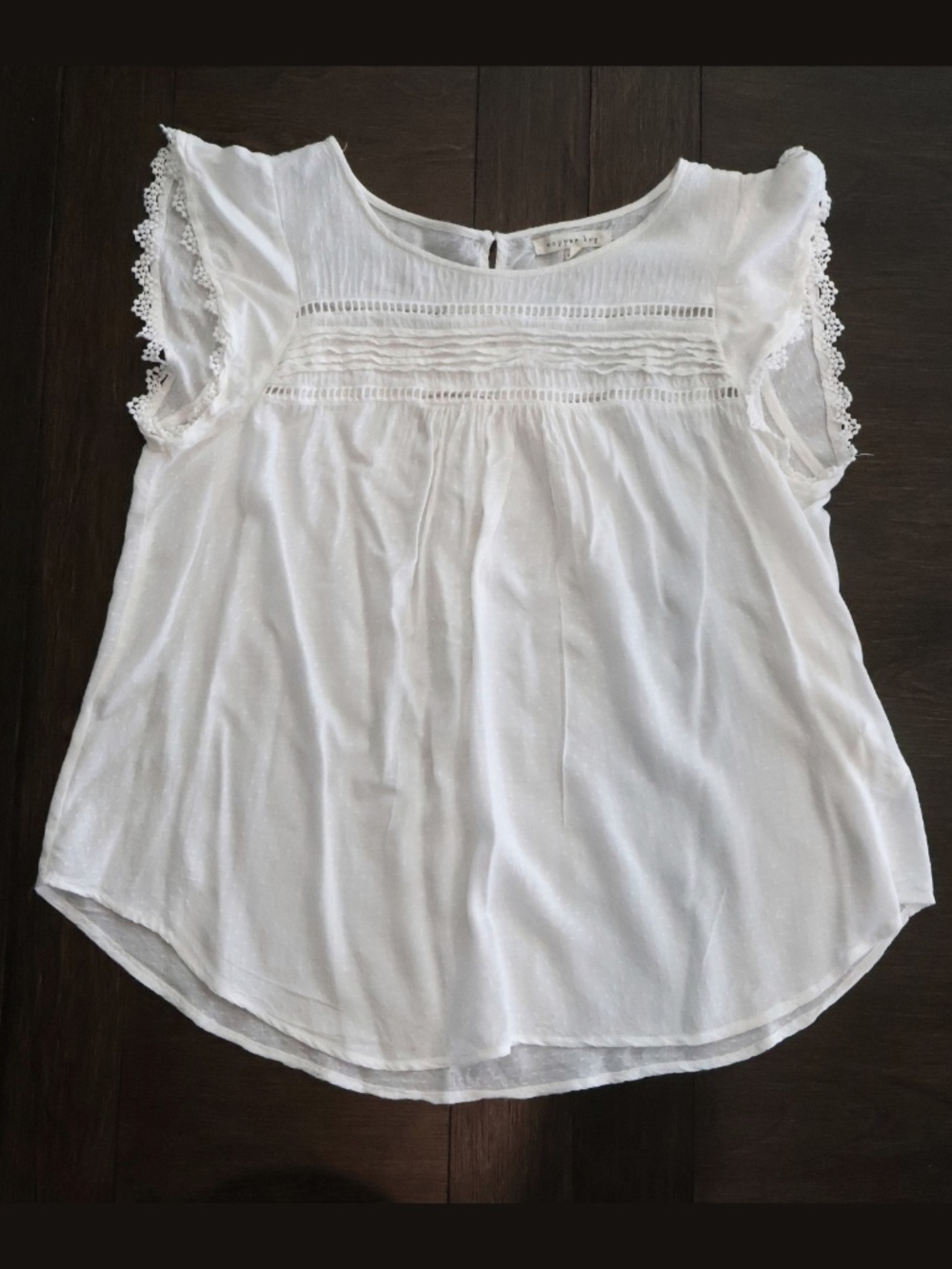 Copper Key White Swiss Dot Blouse Large Lace Trim Flutter Sleeve Cottagecore